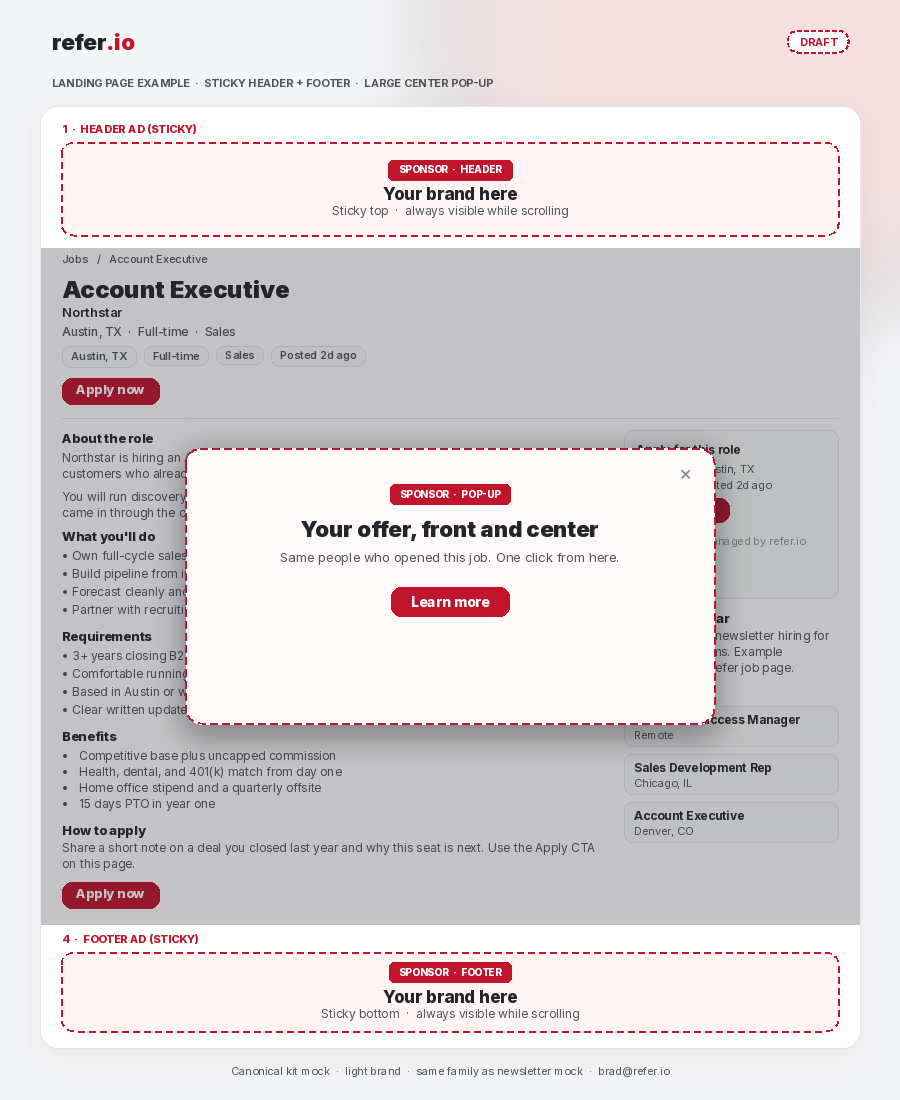Job listing landing page with a sticky header ad, a true mid-page popup, and a footer ad unit